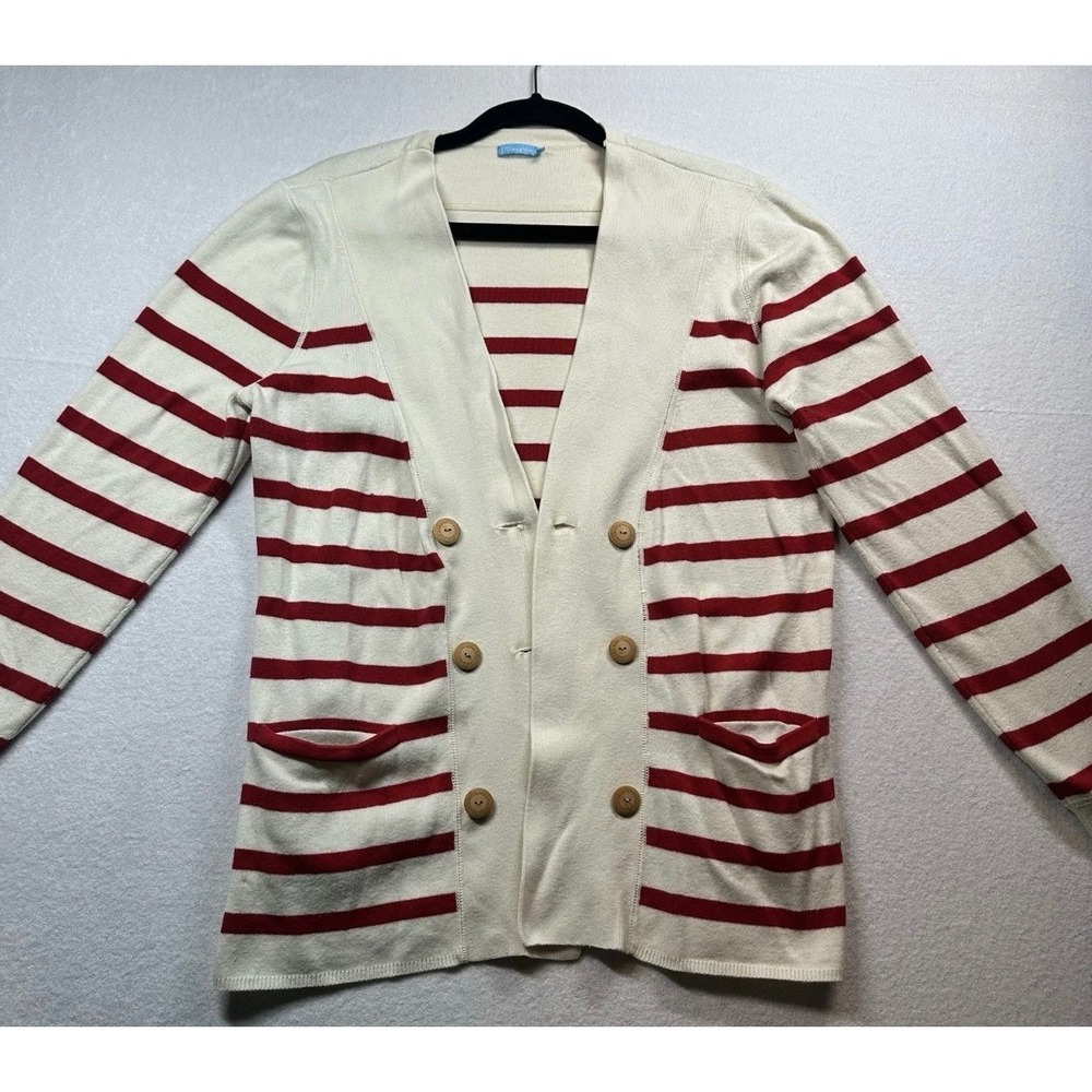 J.McLaughlin Cardigan Sweater Womens Medium Red Cream Striped Double Breasted